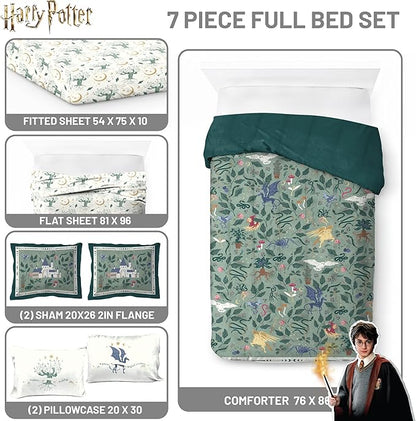 Jay Franco Kids Comforter Set Includes Sheets and Pillow Covers - Soft and Cozy Bed Set for Stylish Room Decor, Official Licensed Product, Green - Harry Potter, 7 Piece Full
