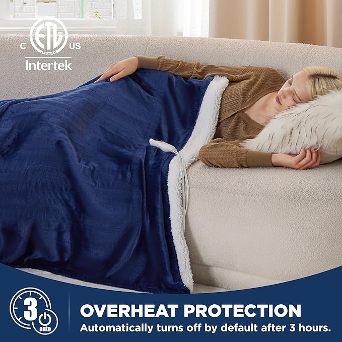 Bedsure Heated Blanket Throw Blanket - Fast Heating Electric Blanket, Soft Flannel Heated Throw with 4 Time Settings, 6 Heating Settings, Warm Gifts for Grandma, Women, Men (50"x60", Navy)