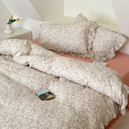 BuLuTu Rabbit Forest Ruffles Duvet Cover Set Muslin Cotton, Full Size Comforter Cover with 2 Standard Pillowcases, Chic Floral Bedding Set Kids Teens Girls Boys, Zipper Closure, Machine Wash