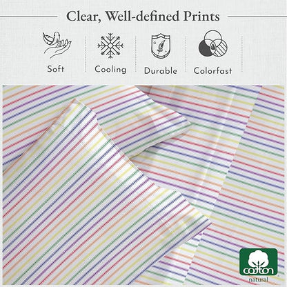 California Design Den Striped Queen Sheet Set - 400 Thread Count Sateen, Natural 100% Cotton Sheet Set Queen Size, Deep Pocket and Durable Bedding - Rainbow Striped