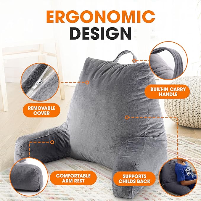 Cheer Collection Reading Pillow with Arms – Portable Bed Pillow for Sitting Up & Support, Foam-Filled Back Rest Pillow for Sitting in Bed & Couch, Machine Washable, Gray