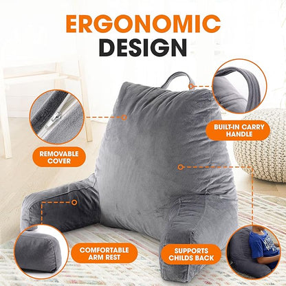 Cheer Collection Reading Pillow with Arms – Portable Bed Pillow for Sitting Up & Support, Foam-Filled Back Rest Pillow for Sitting in Bed & Couch, Machine Washable, Gray