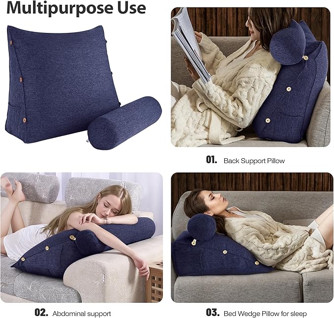Daneey Reading Pillow for Bed Adult, Back Pillow for Bed Sitting Up, Back Support Pillow for Bed, Sit Up Pillow for Bed, Blue, 23.5 * 8 * 20IN