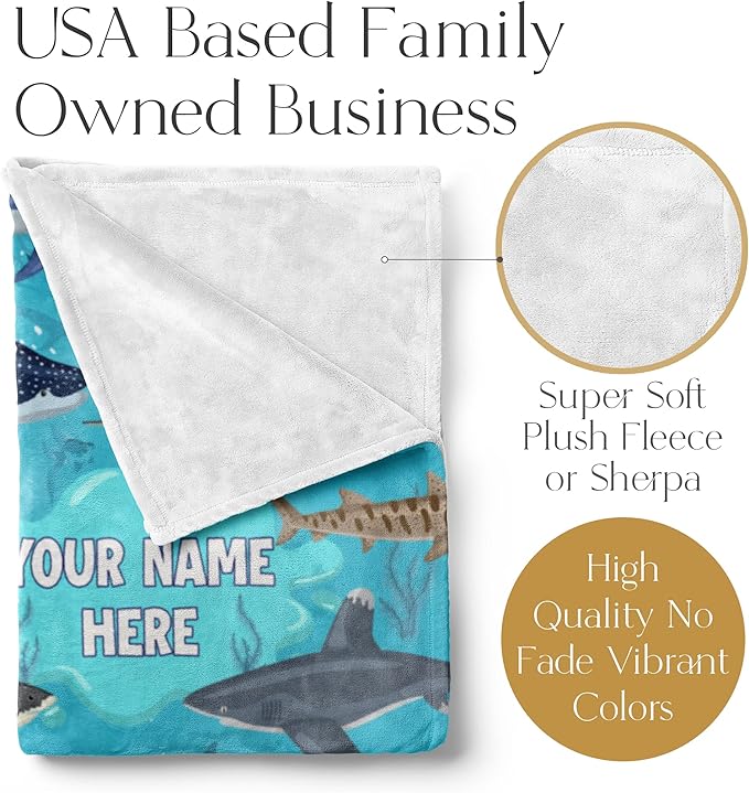 Personalized Shark Blanket for Kids - Ships Next Day and Made in USA - Soft Fleece Throw Bed, Cute Room Decor, Plush Sofa Couch Cover, Lightweight Baby Shark Toys, Custom Gift (Sherpa – 60x80)