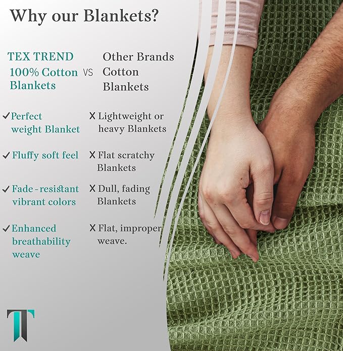 Tex Trend 100% Cotton Blanket – Soft and Breathable Twin XL Waffle Blankets – for Christmas & All Season Comfort – Suitable for Bed Layering, Sofa, Couch and Chair - Sage Green (60”x90”)
