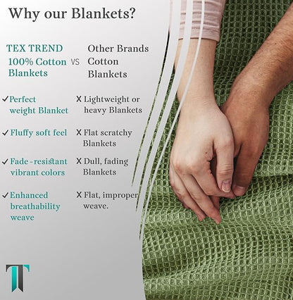 Tex Trend 100% Cotton Blankets King Size – Durable and Versatile Waffle Weave Blankets for Christmas & Year Round Coziness – Breathable & Lightweight - Sage Green (90”x108”)