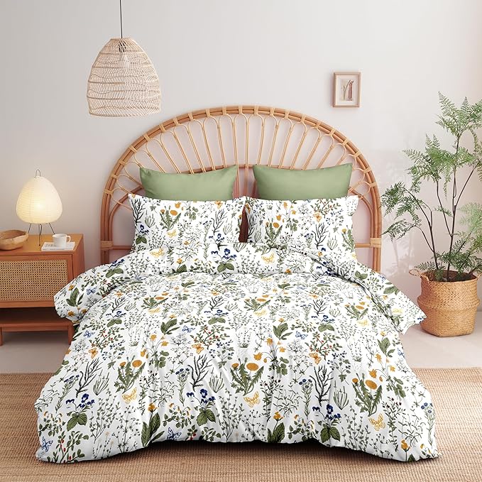 Floral Duvet Cover Queen Size Green Floral Botanical Bedding Set with Yellow Flower Kids Boys Girls Vintage Garden Style Fall Reversible Soft Breathable Microfiber Duvet Cover Set, 3 Pieces