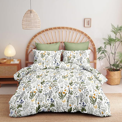Floral Duvet Cover Queen Size Green Floral Botanical Bedding Set with Yellow Flower Kids Boys Girls Vintage Garden Style Fall Reversible Soft Breathable Microfiber Duvet Cover Set, 3 Pieces