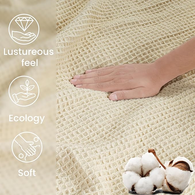 Tex Trend Ivory Waffle Blanket – 100% Cotton Blankets Queen Size – Breathable and Soft for Christmas & Winters – Suitable for Bed Layering, Sofa - Ivory (90”x90”)