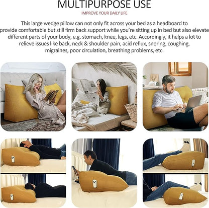 Wedge Pillow Headboard Reading Pillow for Sitting Up in Bed Adult Backrest Large Triangle Bolster Pillow for Couch Daybed Cushion Lumbar Body Support Leg Positioning（Yellow, Full）