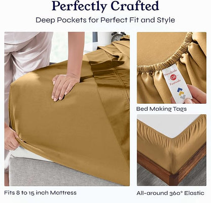 California Design Den Twin XL Sheet Sets - 400 Thread Count Sateen, 100% Cotton Sheets, Deep Pockets, and Durable Bedding for Dorm Rooms & Adults - Golden Mustard