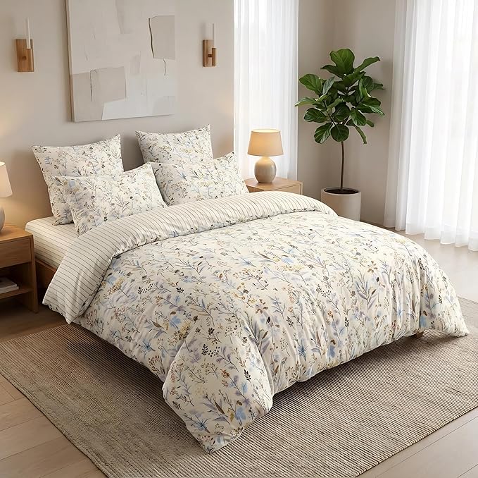 Floral Duvet Cover Queen Size Beige Striped Bedding Set with Purple Flowers 3 Pieces Kids Boys Girls Botanical Garden Style Stripe Reversible Fall Soft Microfiber Duvet Cover Set