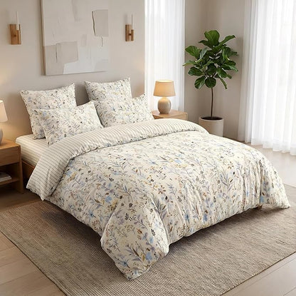 Floral Duvet Cover Queen Size Beige Striped Bedding Set with Purple Flowers 3 Pieces Kids Boys Girls Botanical Garden Style Stripe Reversible Fall Soft Microfiber Duvet Cover Set