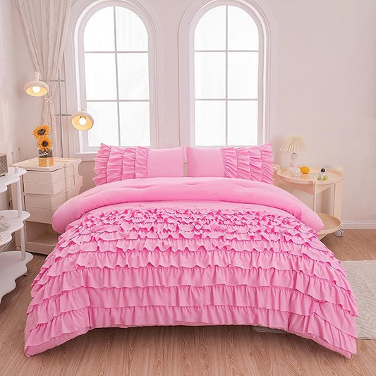 MWMWMW 5 Pcs Pink Comforter Sets Full, Pink Princess Comforter Set, Girls Bedding Sets Full with 1 Comforter, 1 Flat Sheet, 1 Fitted Sheet & 2 Pillowcases