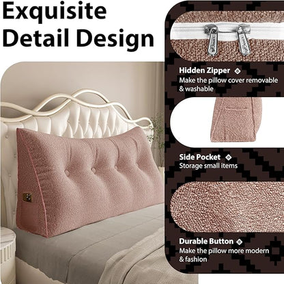 14 lbs Thickened Wedge Pillow Headboard Body Positioner Bed Wedge Pillow Backrest Support Triangular Headboard Pillow for Sleeping with Side Pocket Velvet Positioning Support Pink King