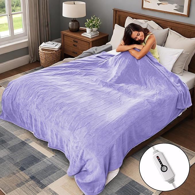 Electric Heated Blanket 90"x100" King Size, Soft Coral Fleece, Dual Controllers with 4 Heating Levels and 10 Hours Auto-Off, Machine Washable, Cozy Plush Fabric for Home, Light Purple