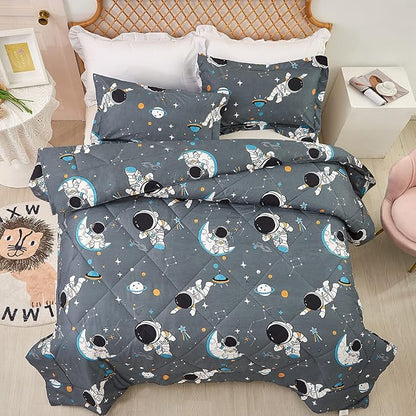 JSD Grey Astronaut Kids Comforter Set Queen Size, 3 Piece Space Theme Microfiber Comforter with Pillow Sham, Machine Washable
