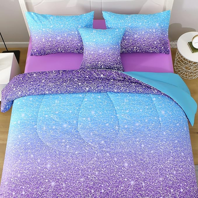 6Pcs Glitter Comforter Set with Sheets for Teens Girls Kids, Colorful Gradient Glitter Themed Bed in a Bag Twin Size, Blue Purple 3D Sparkly Galaxy Bedroom Decor Bedding Set