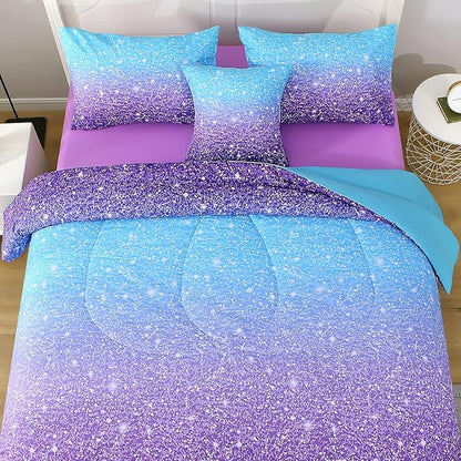 6Pcs Glitter Comforter Set with Sheets for Teens Girls Kids, Colorful Gradient Glitter Themed Bed in a Bag Twin Size, Blue Purple 3D Sparkly Galaxy Bedroom Decor Bedding Set
