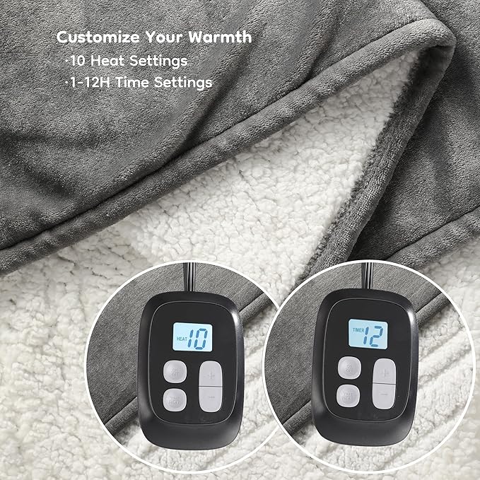 Electric Heated Blanket King Size - 90"x100", Soft Flannel Heating Blanket, 10 Heating Levels, 1-12 H Auto Shut Off, Breathable Warm and Washable for Bed, Light Grey