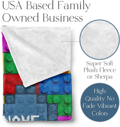 Personalized Throw Blanket for Boys and Girls | Custom Name | Compatible | Soft Warm Bedding | Room Decor or Bed Cover | Couch Blanket | Creative Colorful Building Blocks (Fleece, 50x60)
