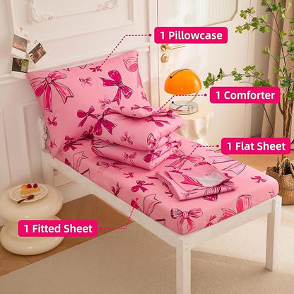 SDIII 4 Piece Pink Bow Girl Toddler Bedding Set, Cute Bowknot Princess Toddler Bedding Set with Comforter, Fitted Sheet, Flat Sheet and Pillowcase