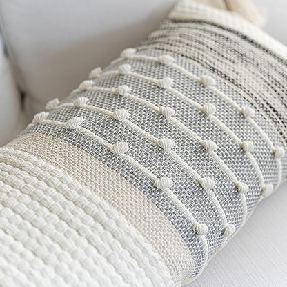 BlissBlush Gray Boho Lumbar Throw Pillow Cover 14x36 Grey Accent Long Body Lumbar Pillow for Bed Decorative Modern Bohemian Woven Textured Lumbar Pillow for Bed Cover ONLY