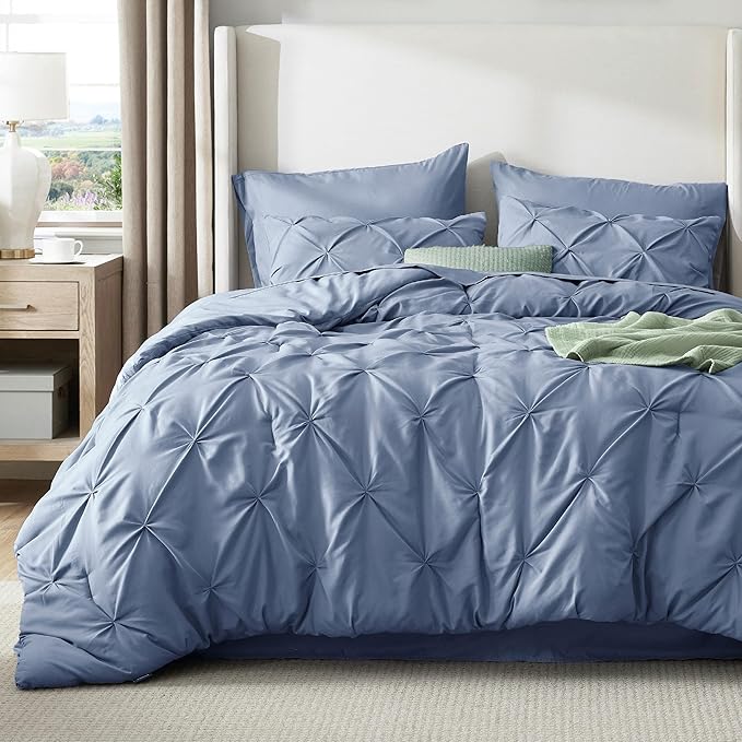 Bedsure Full Comforter Set Slate Blue - Bed in a Bag Full Size Bedding Set 7 Pieces, GentleSoft™ Pintuck Bed Set Gift for Family, Pinch Pleat All Season Comforter with Sheets, Pillowcases & Shams