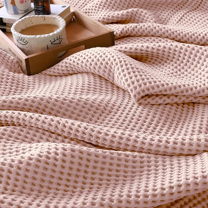 Premium Waffle Blanket Twin Size Pink - Premium Quality, 100% Turkish Cotton, Light and Airy Waffle Weave All-Season Quilt - Luxury Decorative Bedspread (Pink Powder, Twin 63" x 91" Inch)