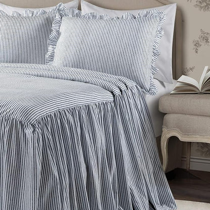 Lush Decor Ticking Stripe Bedspread Queen Size 3 Piece Set Navy - Ruffle Bedding Set Queen Bedspreads - Striped Bedding - Farmhouse & Coquette Decor