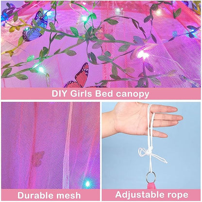 FIOBEE Bed Canopy for Girls Room Bed Canopy Curtains with Led Lights Mosquito Net DIY Princess Room Décor with Stars Butterflies for Kids Bedroom, Red