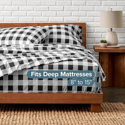 Bare Home Flannel Sheet Set Prints, 100% Cotton, Velvety Soft Heavyweight - Double Brushed Flannel for Extra Softness & Comfort - Deep Pocket - Bed Sheets (Queen, Buffalo Plaid - White/Black)
