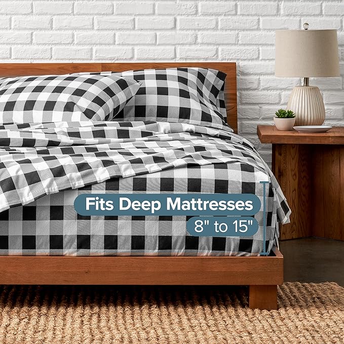 Bare Home Flannel Sheet Set Prints, 100% Cotton, Velvety Soft Heavyweight - Double Brushed Flannel for Extra Softness & Comfort - Deep Pocket - Bed Sheets (Full, Buffalo Plaid - White/Black)