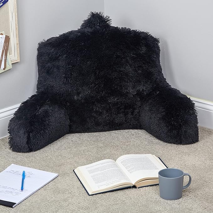 Klear Vu Shaggy Reading Pillow Back Rest Body Pillow for Adults and Kids, Lumbar and Arm Support on Bed, Chair, Couch, Sofa and Floor, 30" x 21", One Size, Midnight Black