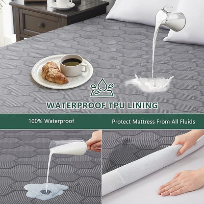 Full Size Waterproof Mattress Protector, 40% Rayon Derived from Bamboo Grey Mattress Pad Cover, 3D Air Fabric Breathable Mattress Pad Fitted with Deep Pocket 6"- 15" Machine Washable