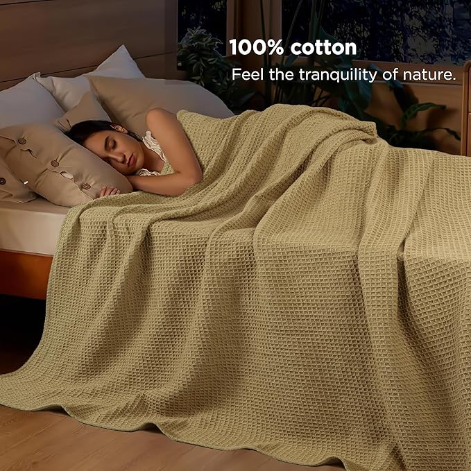Tex Trend 100% Cotton Blanket – Soft and Breathable Twin XL Waffle Blanket – for Christmas & All Season Comfort – Suitable for Bed Layering, Sofa, Couch - Khaki (60”x90”)