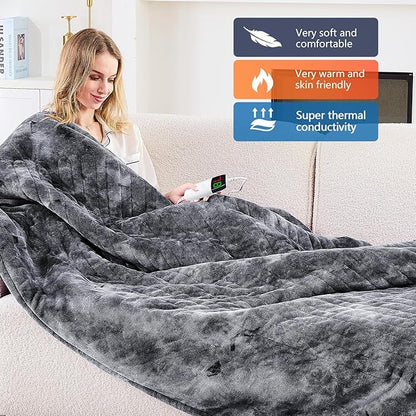 greenoak Heated Electric Blanket Throw, Faux Fur Sherpa Heating Blanket for Sofa Bed, Warm Winter Gift for Dad/Grandma, Heater Lap Blankets 5-Position Timer &10 Heating Levels 84''*90" Marble Grey