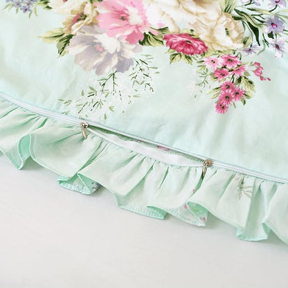 FADFAY Green Floral Duvet Cover Sets Vintage Flower Printed Bedding Ultra Soft 100% Cotton Designer Bedding Set 3 Pieces, 1duvet Cover & 2pillowcases (Queen Size, Ruffle Style)