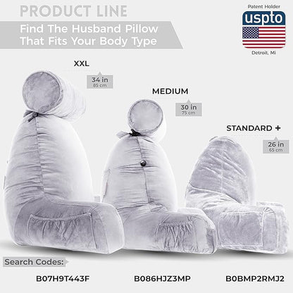 Husband Pillow Light Grey, Original Reading Pillow in Bed Rest Chair, Shredded Memory Foam Large Lounge Cushion Adult Backrest with Arms, Comfy Back Support for Sit Sitting Up, Wash/Removable Cover
