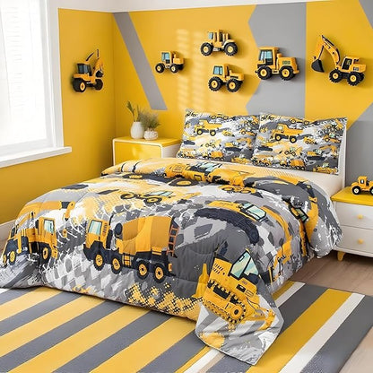Feelyou Kids Construction Comforter Set Twin Bedding Sets for Boys Toddler Children Cartoon Cars Excavator Tractor Comforter Set Construction Machinery Truck Duvet Set Cars Bed Set with 1 Pillow Case
