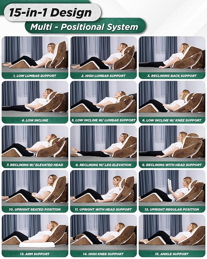 Lunix 4pcs Orthopedic Bed Wedge Pillow Set, Post Surgery Memory Foam for Back, Knee, Leg Pain Relief, Adjustable Sitting Pillow for Sleeping, Acid Reflux, GERD, with Hot Cold Pack, Brown