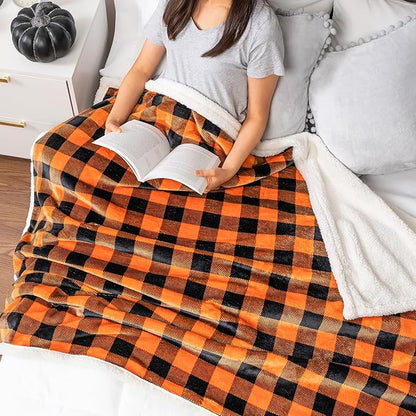 PAVILIA Black Orange Buffalo Plaid Sherpa Throw Blanket for Couch, Plush Halloween Checkered Fleece Blanket and Throws, Soft Fuzzy Flannel Blanket for Sofa Bed, Warm Cozy Winter Blanket Gift, 50x60