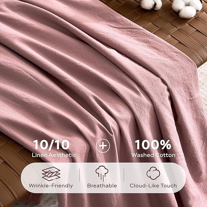 JELLYMONI 100% Washed Cotton Duvet Cover Queen – Soft, Breathable Linen-Look Bedding with Natural Wrinkle Texture, Button Closure, 3-Piece Set (Darker Rose, 90"x90")