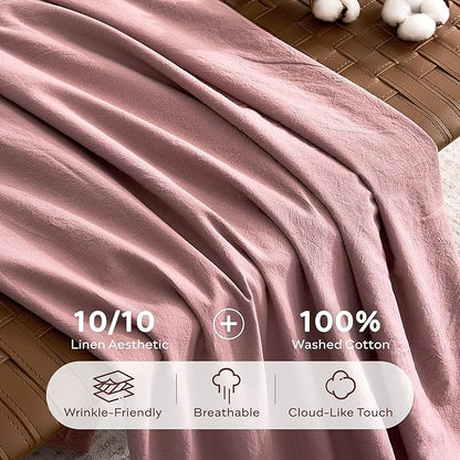 JELLYMONI 100% Washed Cotton Duvet Cover King – Soft, Breathable Linen-Look Bedding with Natural Wrinkle Texture, Button Closure, 3-Piece Set (Darker Rose, 104"x90")