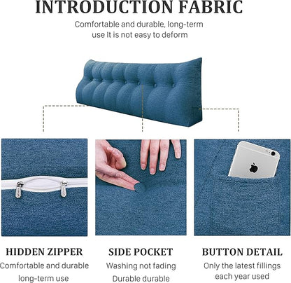 Wedge Headboard Pillow Dorm Room Reading Pillow Back Support for Sitting Up in Bed Bolster Lumbar Cushion Body Positioning Bedrest Cotton Linen 76in Blue King
