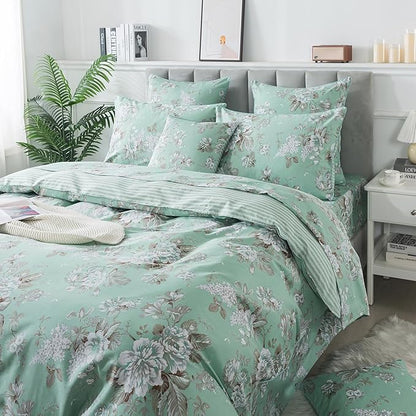 FADFAY Duvet Cover Set Twin Green Toile Floral Bedding Shabby Peony Flower Quilt Cover Set Vintage Farmhouse Bedding 100% Cotton Soft Comforter Cover Set with Hidden Zipper Closure 3Pcs, Twin Size