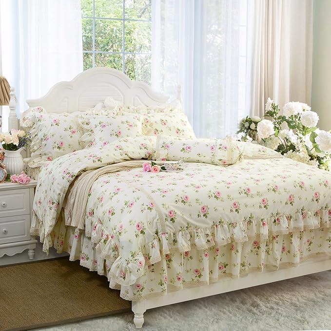 FADFAY Rosette Floral Print Duvet Cover Set Princess Lace Ruffle Bedding Set for Girls 3 Pieces Twin Extra Long Size