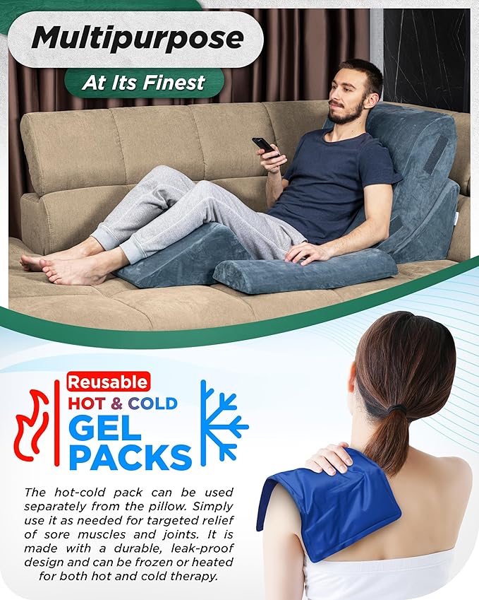 Lunix 4pcs Orthopedic Bed Wedge Pillow Set, Post Surgery Aloe Vera Memory Foam for Back, Leg, Knee Pain Relief, Adjustable Sitting Pillow for Sleeping, Acid Reflux, GERD, with Hot Cold Pack, Full Navy