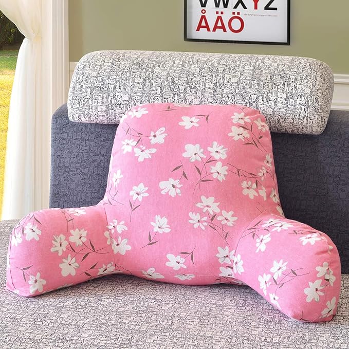 Bohemian Printed Reading Pillow with Support Arms Soft Bed Rest Pillows Back Support Cushion for Kids Reading Watching TV Sitting Up in Bed (20"x15"x8",Pink Floral)