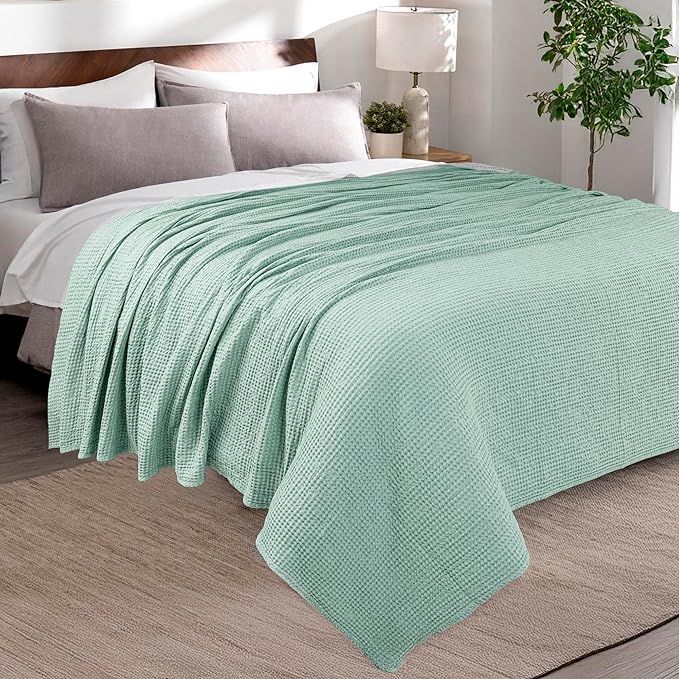 HILLFAIR 100% Combed Cotton Blanket– Queen Size Bed Blanket– Warm Soft All Season Breathable Lightweight Summer Blankets– Waffle Weave Home Decor Bed Blanket- Sage Queen Bed Cotton Blankets/Bedcover